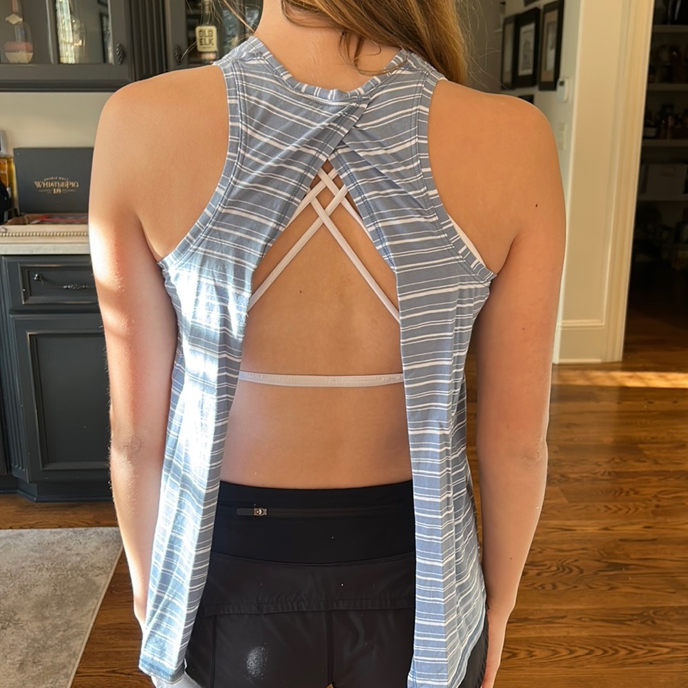 Lululemon blue and white stripped tank top with open back size 2